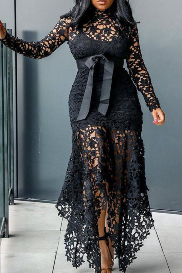 Черное сексуальное сплошное кружевное платье с круглым вырезом