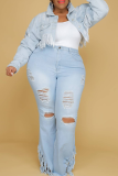 Calça jeans plus size rasgada sexy azul bebê
