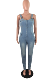 Baby Blue Casual Solid Patchwork Spaghetti Strap Skinny Jumpsuits