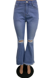Blue Casual Solid Mid Waist Boot Cut Flare Leg Ripped Denim Jeans