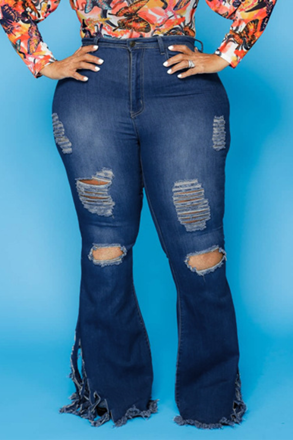 Mörkblå Sexiga Solid Ripped Plus Size Jeans