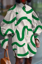 Vit grönt mode randigt tryck patchwork spänne turndown krage skjorta klänning klänningar