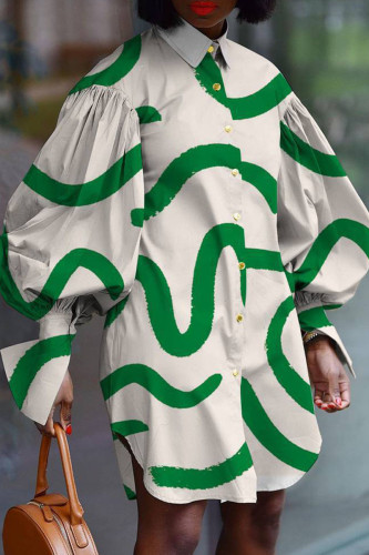 White Green Striped African Print Split Joint Buckle Turndown Collar Shirt Dress