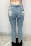 Blaue Street Solid Skinny Denim Jeans mit mittlerer Taille und zerrissenen Beinen