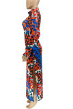 Kleur sexy print patchwork split halve coltrui lange mouwen jurken
