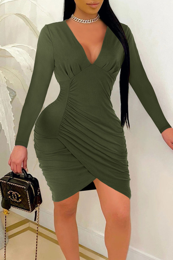 Army Green Sexy Solid Patchwork Fold Asymmetrical V Neck Pencil Skirt Dresses