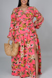 Pink Sweet Print Bandage Hollowed Out Patchwork V Neck Straight Plus Size Dresses
