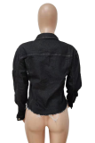Chaqueta de mezclilla delgada casual de manga larga con cuello vuelto de patchwork sólido negro