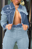 Baby Blue Casual Solid Patchwork Turndown Collar Long Sleeve Regular Denim Jacket