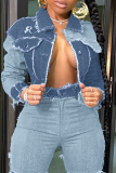 Jaqueta jeans azul escuro casual patchwork sólido com gola virada para baixo manga longa