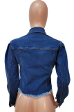 Giacca di jeans skinny a maniche lunghe con colletto alla rovescia in tinta unita casual blu