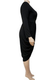 Schwarze, lässige, solide Patchwork-Kleider mit asymmetrischem V-Ausschnitt und langen Ärmeln in Übergröße