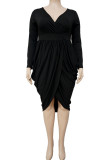 Black Casual Solid Patchwork Asymmetrical V Neck Long Sleeve Plus Size Dresses