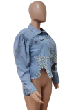 Голубая повседневная однотонная джинсовая куртка с отложным воротником в стиле пэчворк и длинными рукавами