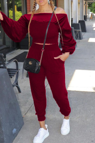 Burgundy Casual Solid Patchwork Off the Shoulder Long Sleeve Two Pieces