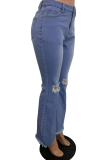 Blaue, lässige, solide, zerrissene Denim-Jeans mit mittlerer Taille und Boot-Cut