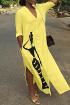 Yellow Fashion Cap Sleeve Long Sleeves V Neck Step Skirt Mid-Calf Print