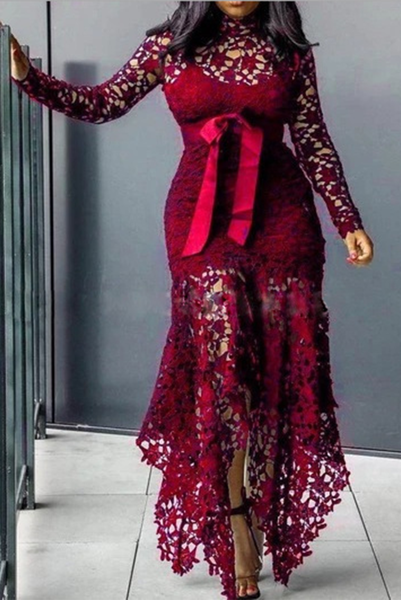 

Burgundy Sexy Solid Lace O Neck Irregular Dress Dresses