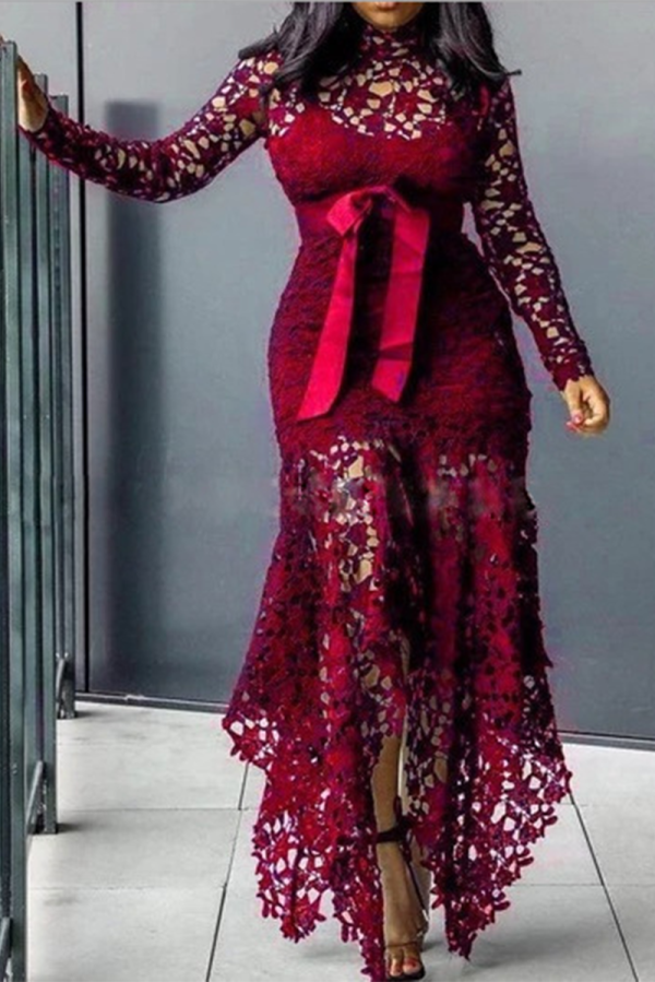 ブルゴーニュのセクシーなソリッドレースOネックの不規則なドレスドレス