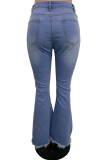 Blauwe casual, effen gescheurde mid waist boot-cut denim jeans