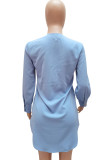 Синие повседневные однотонные лоскутные платья-рубашки с V-образным вырезом и пряжкой