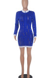 Blue Sexy Solid Hollowed Out Patchwork O Neck Pencil Skirt Dresses
