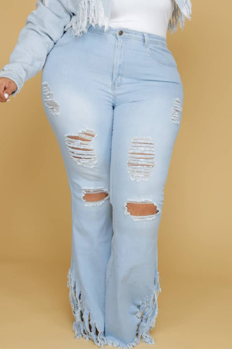 Babyblå Sexiga Solid Ripped Plus Size Jeans