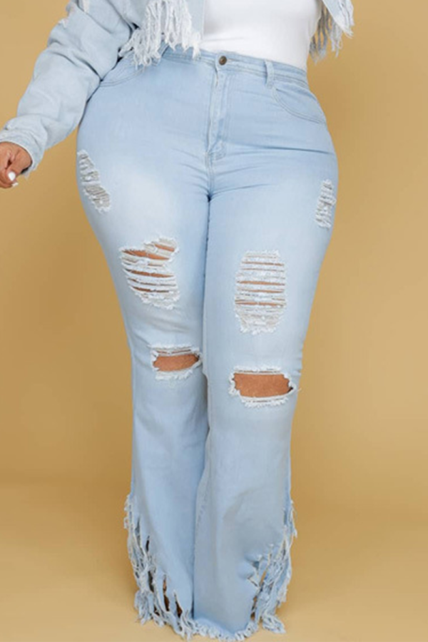 Голубые сексуальные однотонные рваные джинсы больших размеров
