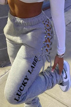 Grey Street Letter Print Hollowed Out Patchwork Frenulum Skinny High Waist Pencil Positioning Print Bottoms