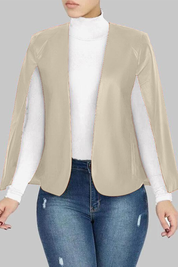 Khaki Casual Solid Patchwork Turtleneck Tops (fake two pieces)