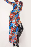 Цветной сексуальный принт в стиле пэчворк с разрезом и половиной водолазки с длинным рукавом платья