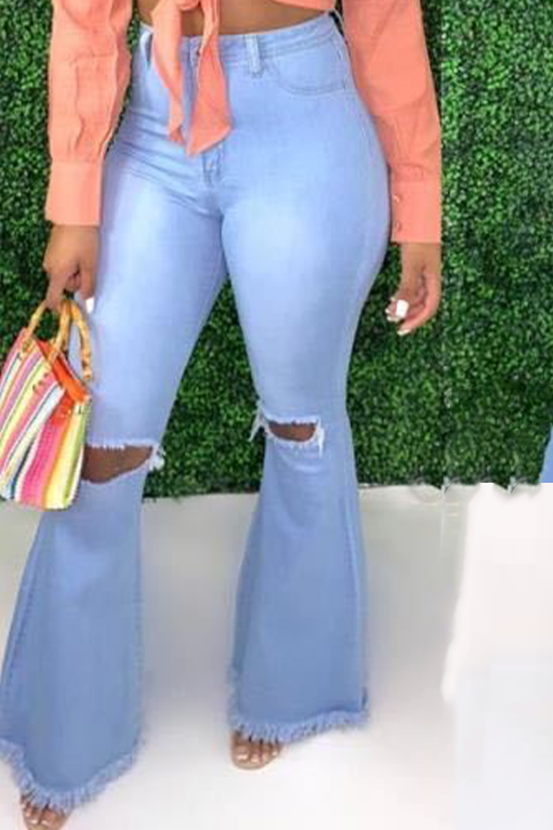 

Blue Casual Solid Ripped Mid Waist Boot Cut Denim Jeans