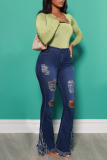 Svarta Sexiga Solid Ripped Plus Size Jeans