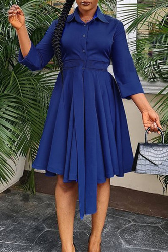 Blue Fashion Casual Solid Basic Turndown Collar Long Sleeve Dresses