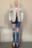 Khaki Casual Solid Patchwork Turtleneck Tops (fake two pieces)