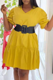 イエロー カジュアル ソリッド パッチワーク V ネック ケーキ スカート ドレス