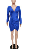 ロイヤル ブルー セクシー ソリッド パッチワーク フォールド 非対称 V ネック ペンシル スカート ドレス