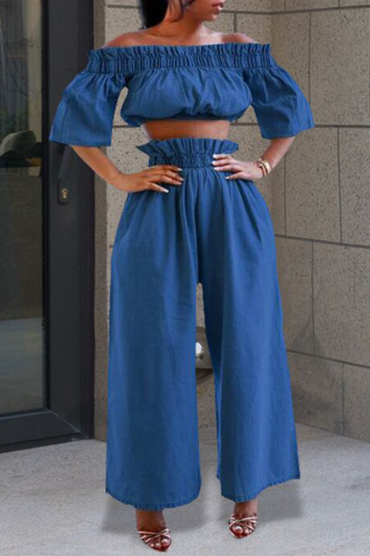 Blue Casual Solid Flounce Off the Shoulder Half Sleeve Two Pieces