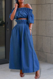 Синий повседневный однотонный комплект из двух предметов с открытыми плечами и короткими рукавами с воланами