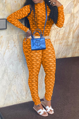 Tangerine Red Sexy Print Patchwork Half A Turtleneck Long Sleeve Two Pieces