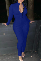 Синие сексуальные однотонные облегающие комбинезоны с воротником-молнией в стиле пэчворк