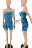 Blue Sexy Print Patchwork Strapless Skinny Rompers