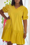 Yellow Casual Solid Patchwork V Neck Cake Skirt Dresses