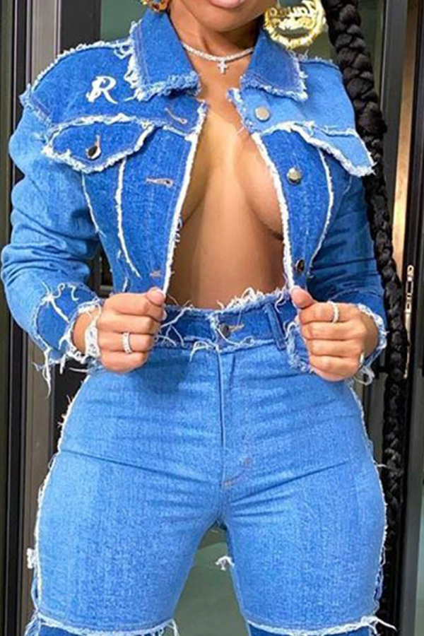 Giacca di jeans normale a maniche lunghe con colletto alla rovescia casual blu casual
