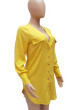 Желтые повседневные однотонные лоскутные платья-рубашки с V-образным вырезом и пряжкой