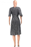 Black Casual Striped Print Patchwork V Neck Short Sleeve Dress Dresses