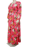 Pink Sweet Print Bandage Hollowed Out Patchwork V Neck Straight Plus Size Dresses
