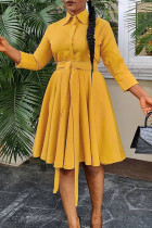 Желтые модные повседневные однотонные базовые платья с отложным воротником и длинными рукавами