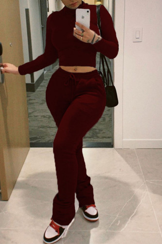Burgundy Casual Solid Patchwork Half A Turtleneck Long Sleeve Two Pieces