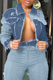 Grey Casual Solid Patchwork Turndown Collar Long Sleeve Regular Denim Jacket